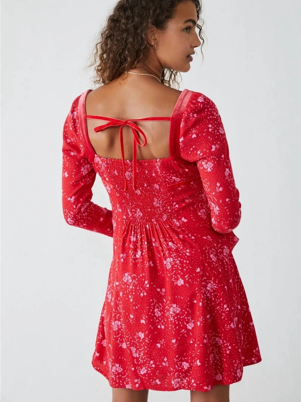Free People Red Floral Tie-Front Long-Sleeve Mini Dress